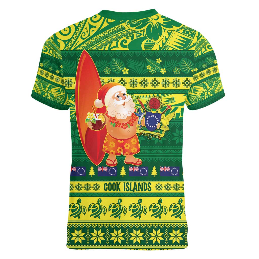 Cook Islands Christmas Women V-Neck T-Shirt Surfing Santa Mere Kiritimiti LT14 - Polynesian Pride