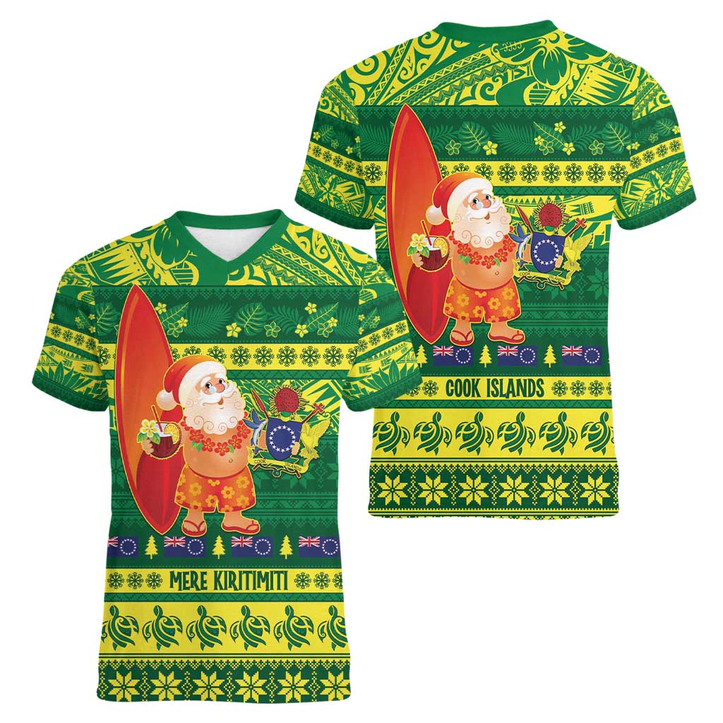 Cook Islands Christmas Women V-Neck T-Shirt Surfing Santa Mere Kiritimiti LT14 - Polynesian Pride