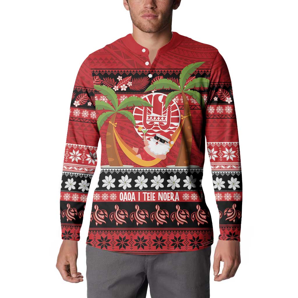 French Polynesia Christmas Button Sweatshirt Tiare Chilling Santa Oaoa I teie Noera - Polynesian Pride