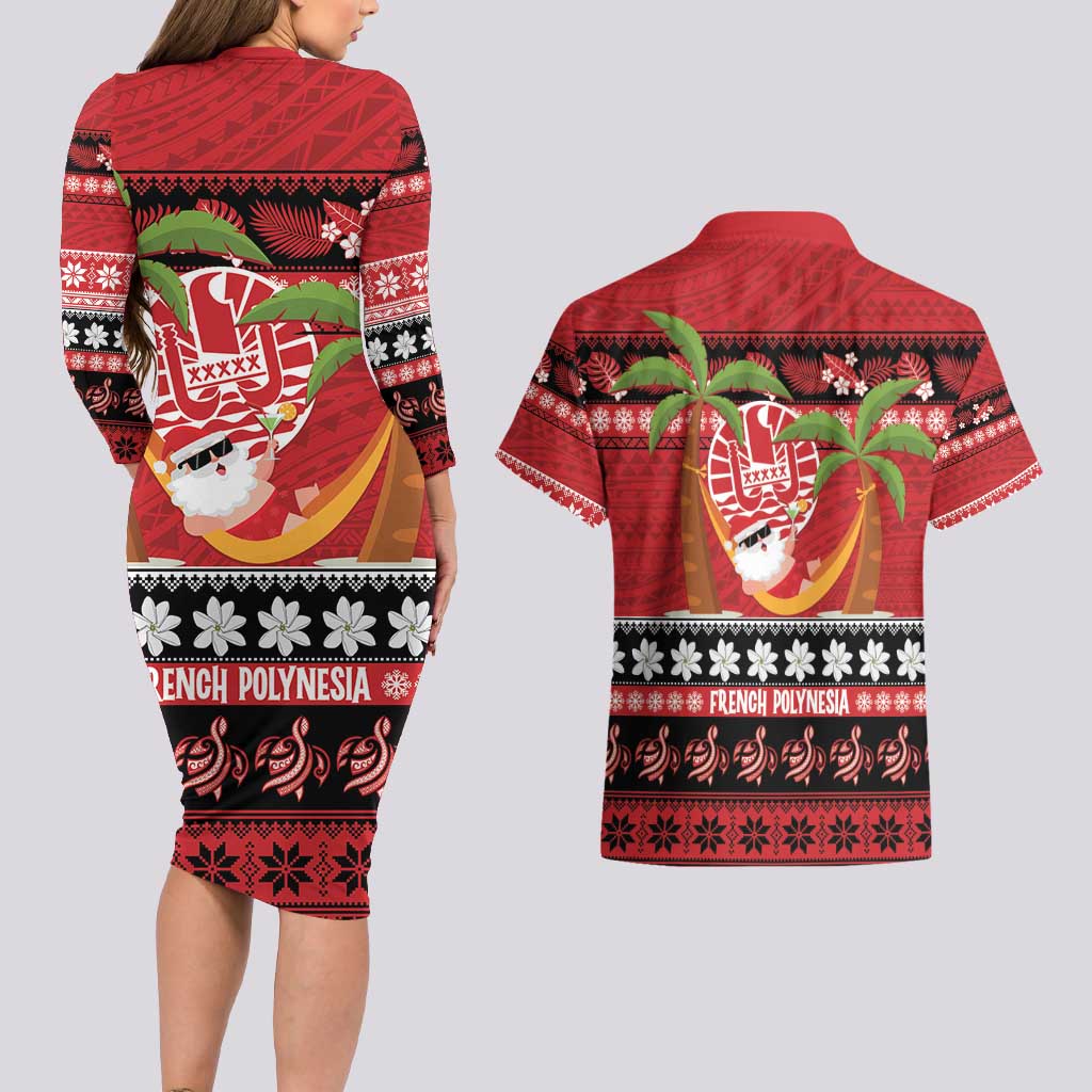 French Polynesia Christmas Couples Matching Long Sleeve Bodycon Dress and Hawaiian Shirt Tiare Chilling Santa Oaoa I teie Noera LT14 - Polynesian Pride