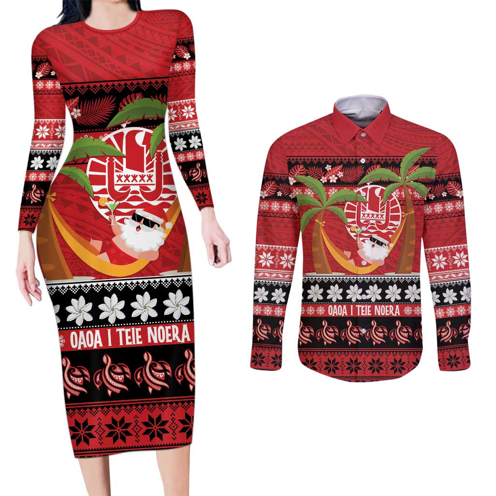 French Polynesia Christmas Couples Matching Long Sleeve Bodycon Dress and Long Sleeve Button Shirt Tiare Chilling Santa Oaoa I teie Noera LT14 Red - Polynesian Pride