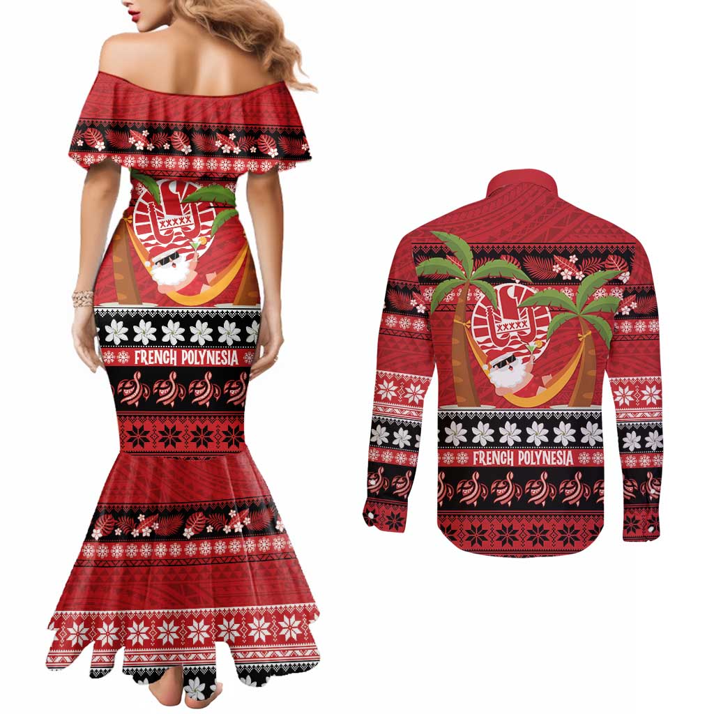 French Polynesia Christmas Couples Matching Mermaid Dress and Long Sleeve Button Shirt Tiare Chilling Santa Oaoa I teie Noera LT14 - Polynesian Pride