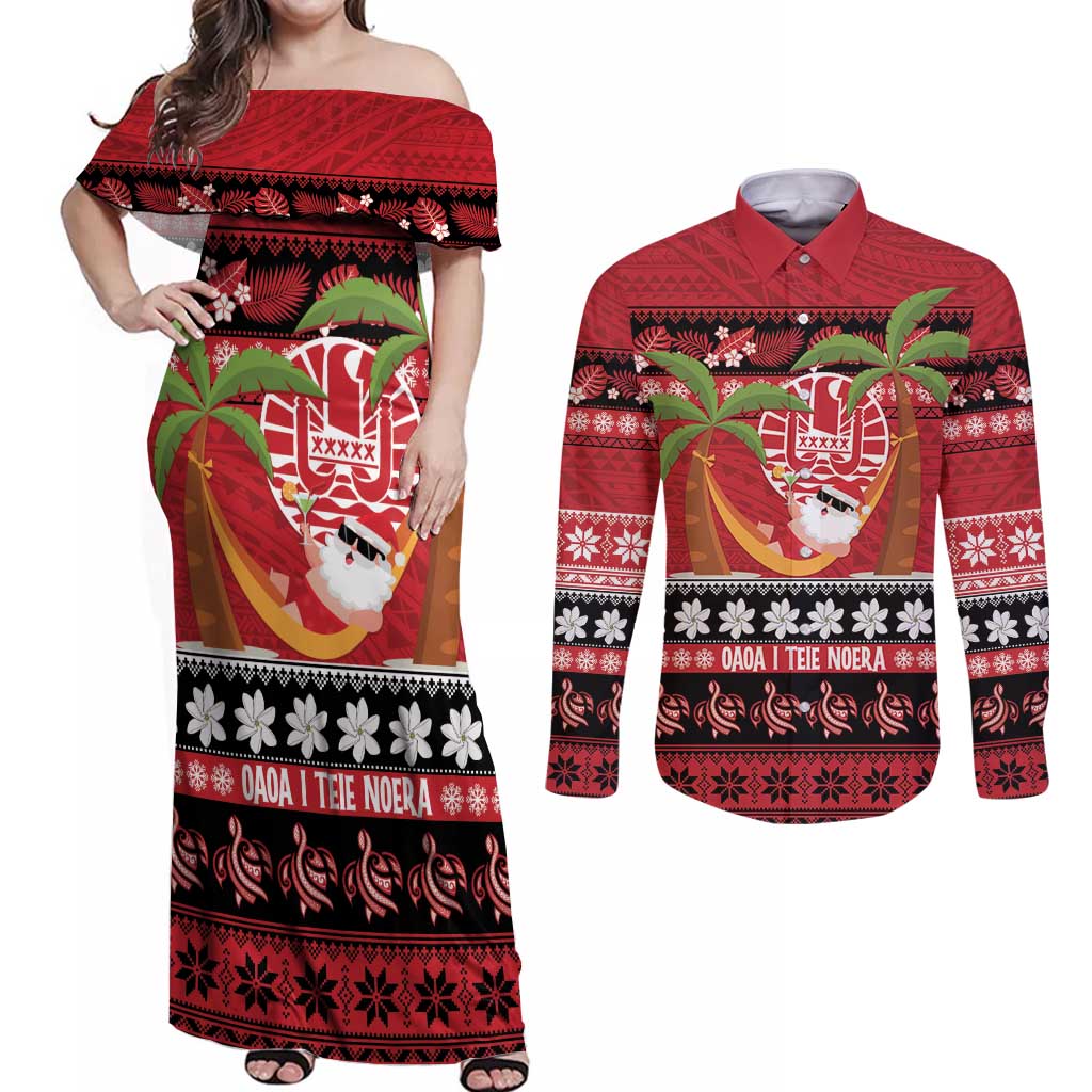 French Polynesia Christmas Couples Matching Off Shoulder Maxi Dress and Long Sleeve Button Shirt Tiare Chilling Santa Oaoa I teie Noera LT14 Red - Polynesian Pride