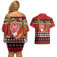 French Polynesia Christmas Couples Matching Off Shoulder Short Dress and Hawaiian Shirt Tiare Chilling Santa Oaoa I teie Noera LT14 - Polynesian Pride