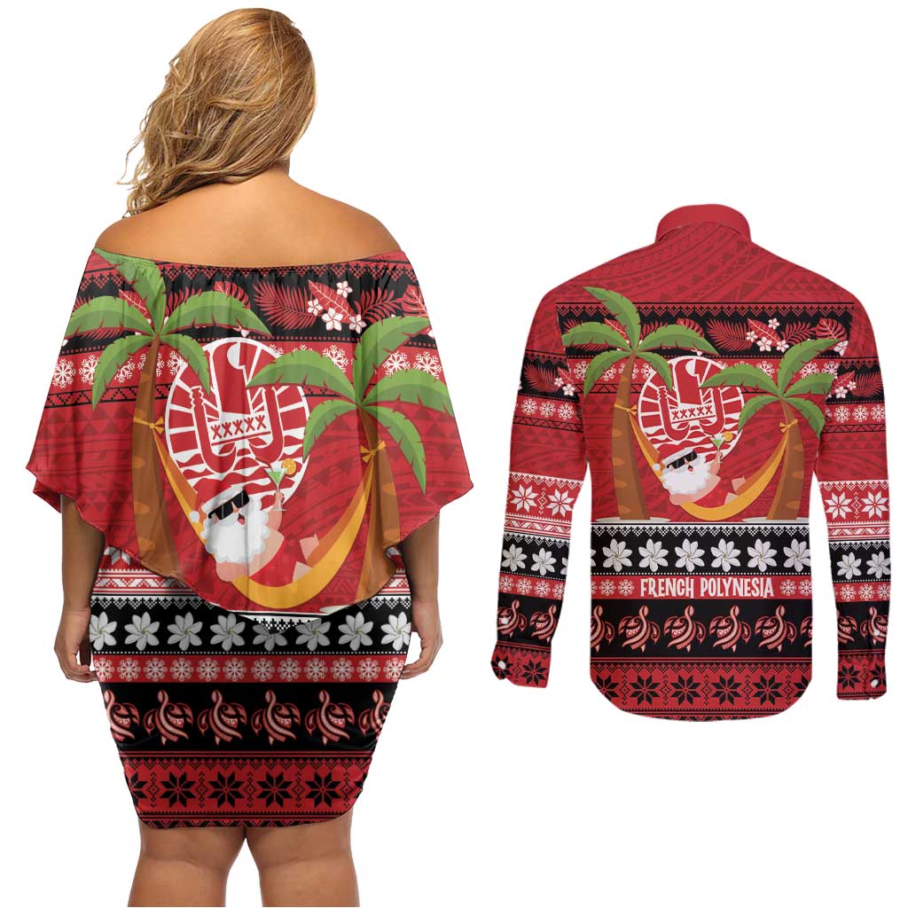 French Polynesia Christmas Couples Matching Off Shoulder Short Dress and Long Sleeve Button Shirt Tiare Chilling Santa Oaoa I teie Noera LT14 - Polynesian Pride