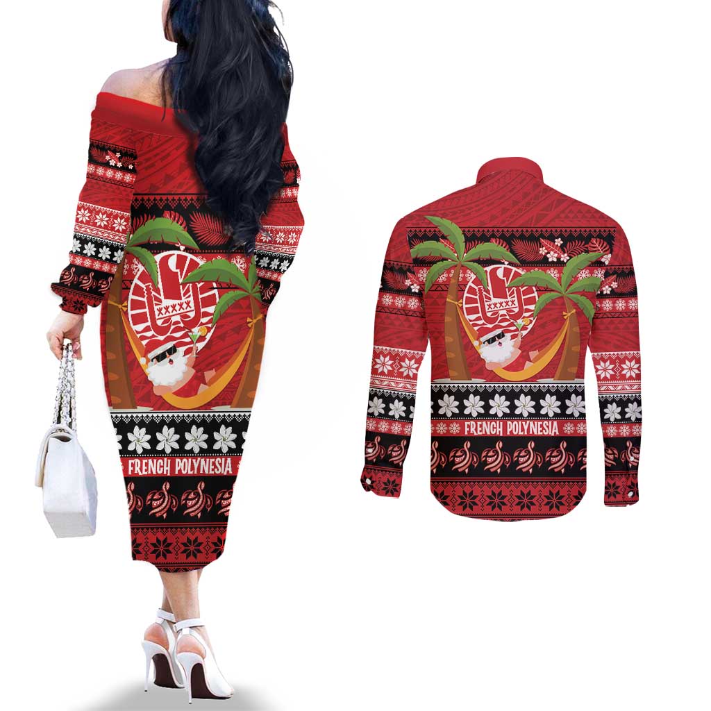 French Polynesia Christmas Couples Matching Off The Shoulder Long Sleeve Dress and Long Sleeve Button Shirt Tiare Chilling Santa Oaoa I teie Noera LT14 - Polynesian Pride