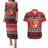 French Polynesia Christmas Couples Matching Puletasi and Hawaiian Shirt Tiare Chilling Santa Oaoa I teie Noera LT14 Red - Polynesian Pride