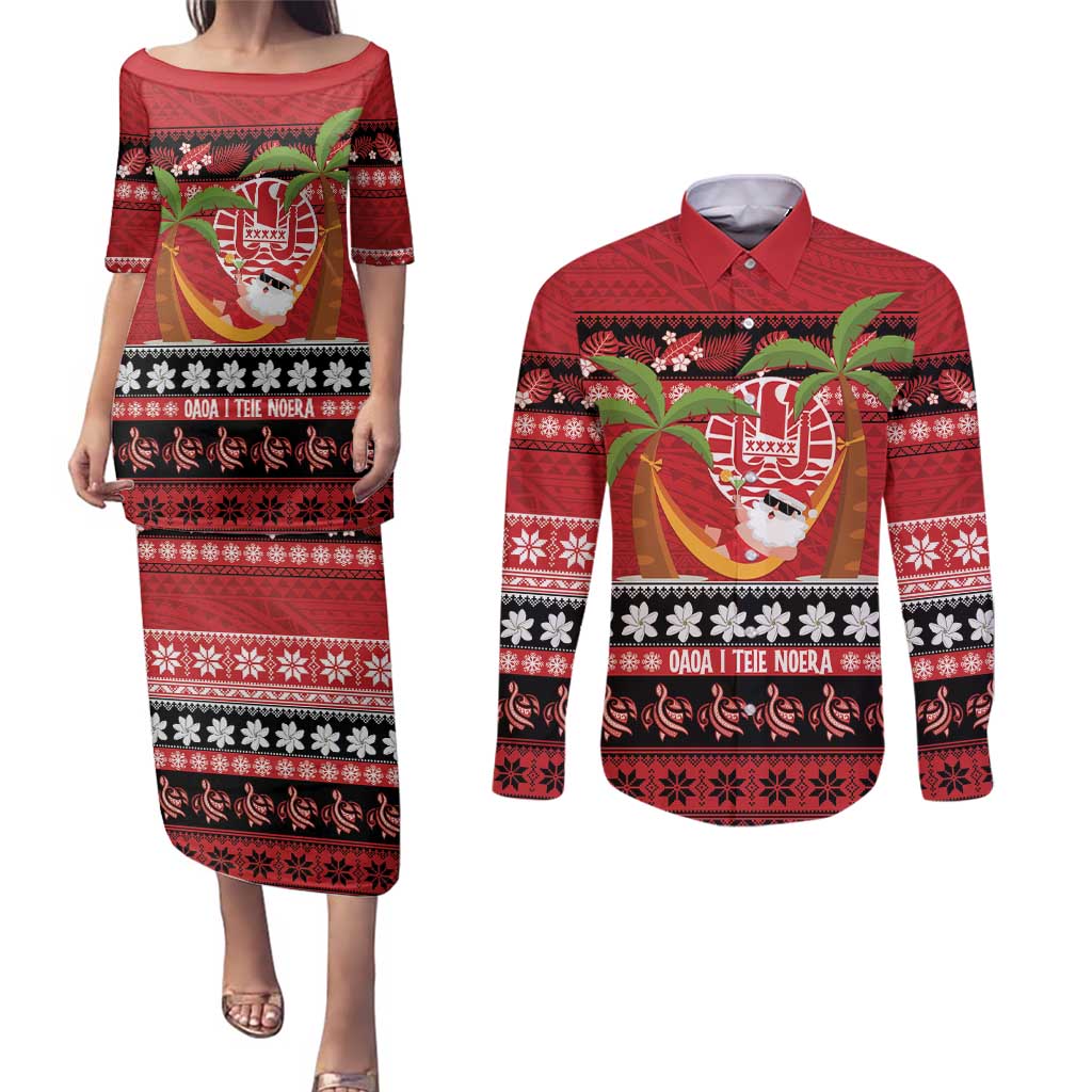 French Polynesia Christmas Couples Matching Puletasi and Long Sleeve Button Shirt Tiare Chilling Santa Oaoa I teie Noera LT14 Red - Polynesian Pride