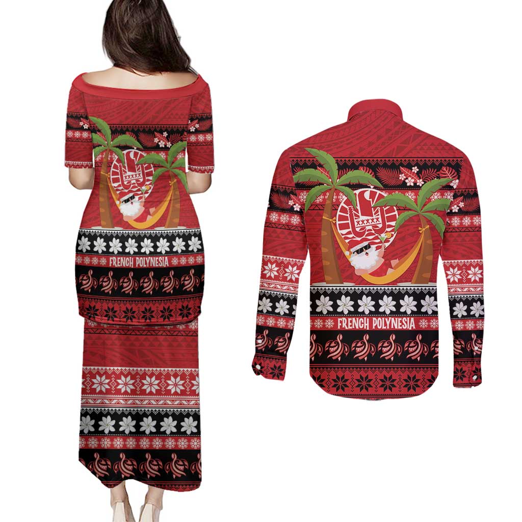 French Polynesia Christmas Couples Matching Puletasi and Long Sleeve Button Shirt Tiare Chilling Santa Oaoa I teie Noera LT14 - Polynesian Pride