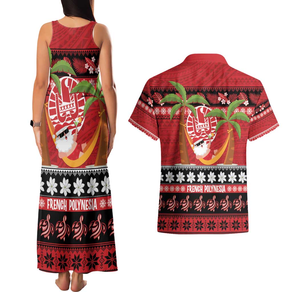 French Polynesia Christmas Couples Matching Tank Maxi Dress and Hawaiian Shirt Tiare Chilling Santa Oaoa I teie Noera LT14 - Polynesian Pride