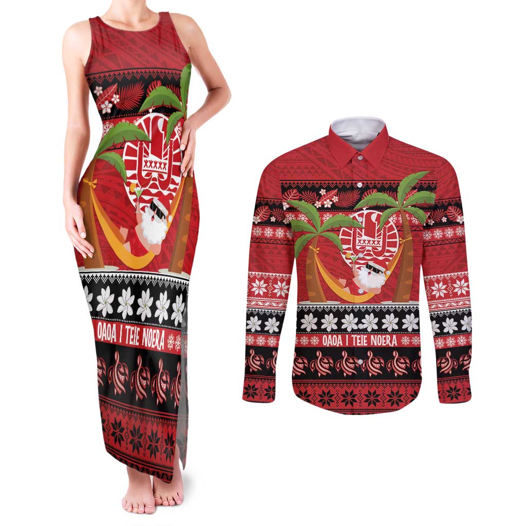 French Polynesia Christmas Couples Matching Tank Maxi Dress and Long Sleeve Button Shirt Tiare Chilling Santa Oaoa I teie Noera LT14 Red - Polynesian Pride