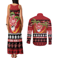 French Polynesia Christmas Couples Matching Tank Maxi Dress and Long Sleeve Button Shirt Tiare Chilling Santa Oaoa I teie Noera LT14 - Polynesian Pride