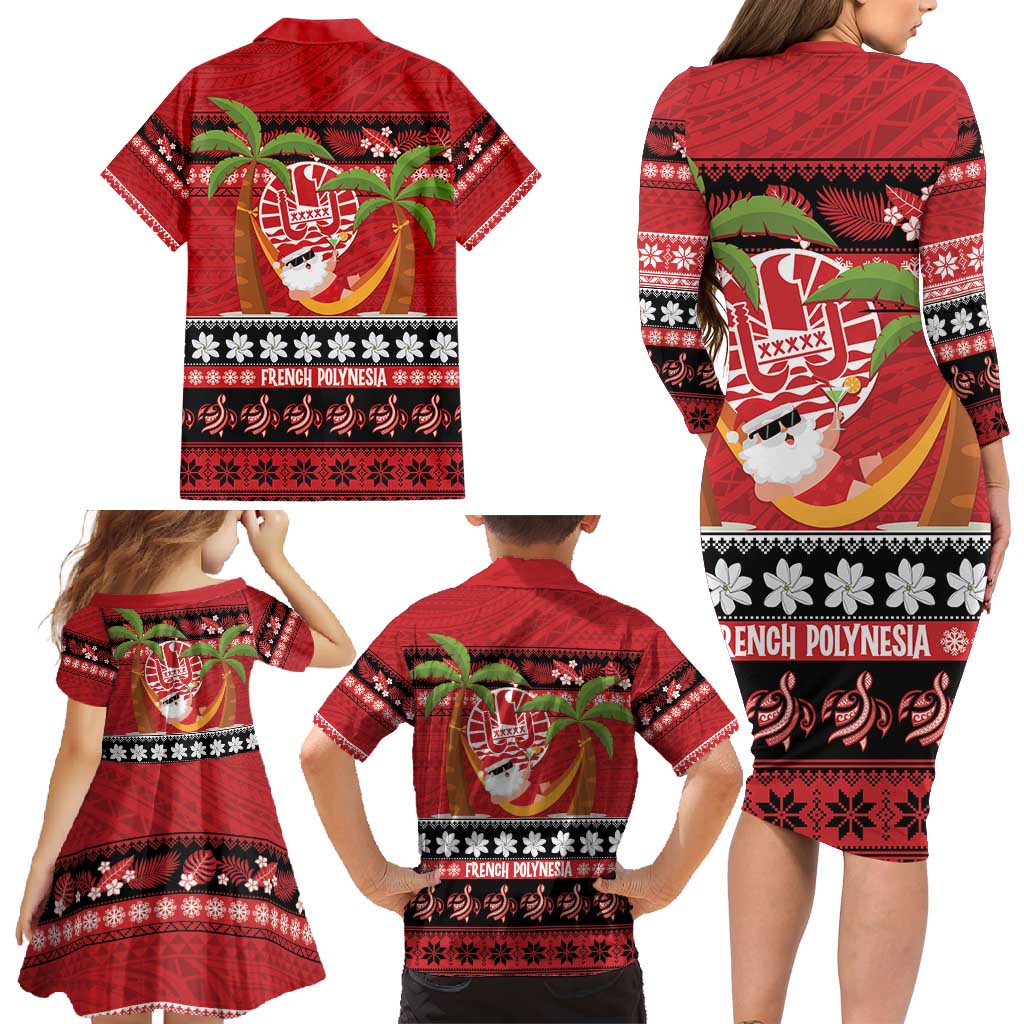 French Polynesia Christmas Family Matching Long Sleeve Bodycon Dress and Hawaiian Shirt Tiare Chilling Santa Oaoa I teie Noera LT14 - Polynesian Pride