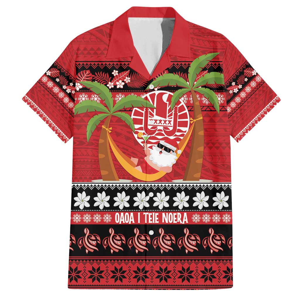 French Polynesia Christmas Family Matching Long Sleeve Bodycon Dress and Hawaiian Shirt Tiare Chilling Santa Oaoa I teie Noera LT14 Dad's Shirt - Short Sleeve Red - Polynesian Pride