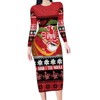 French Polynesia Christmas Family Matching Long Sleeve Bodycon Dress and Hawaiian Shirt Tiare Chilling Santa Oaoa I teie Noera LT14 Mom's Dress Red - Polynesian Pride