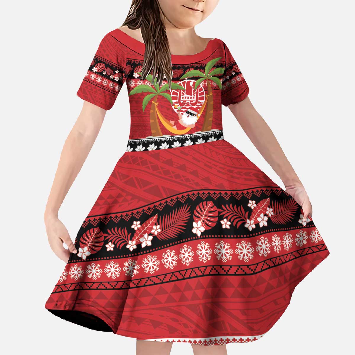 French Polynesia Christmas Family Matching Off The Shoulder Long Sleeve Dress and Hawaiian Shirt Tiare Chilling Santa Oaoa I teie Noera LT14 Daughter's Dress Red - Polynesian Pride