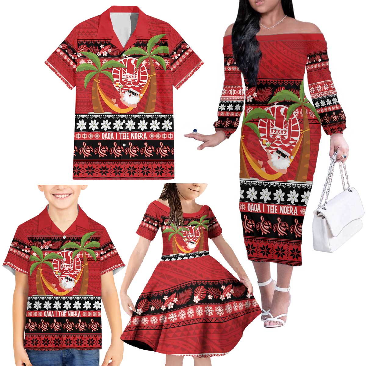 French Polynesia Christmas Family Matching Off The Shoulder Long Sleeve Dress and Hawaiian Shirt Tiare Chilling Santa Oaoa I teie Noera LT14 - Polynesian Pride