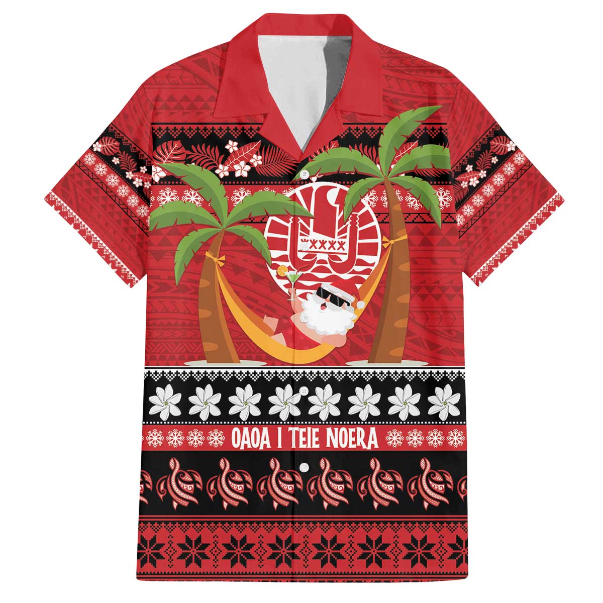 French Polynesia Christmas Family Matching Off The Shoulder Long Sleeve Dress and Hawaiian Shirt Tiare Chilling Santa Oaoa I teie Noera LT14 Dad's Shirt - Short Sleeve Red - Polynesian Pride