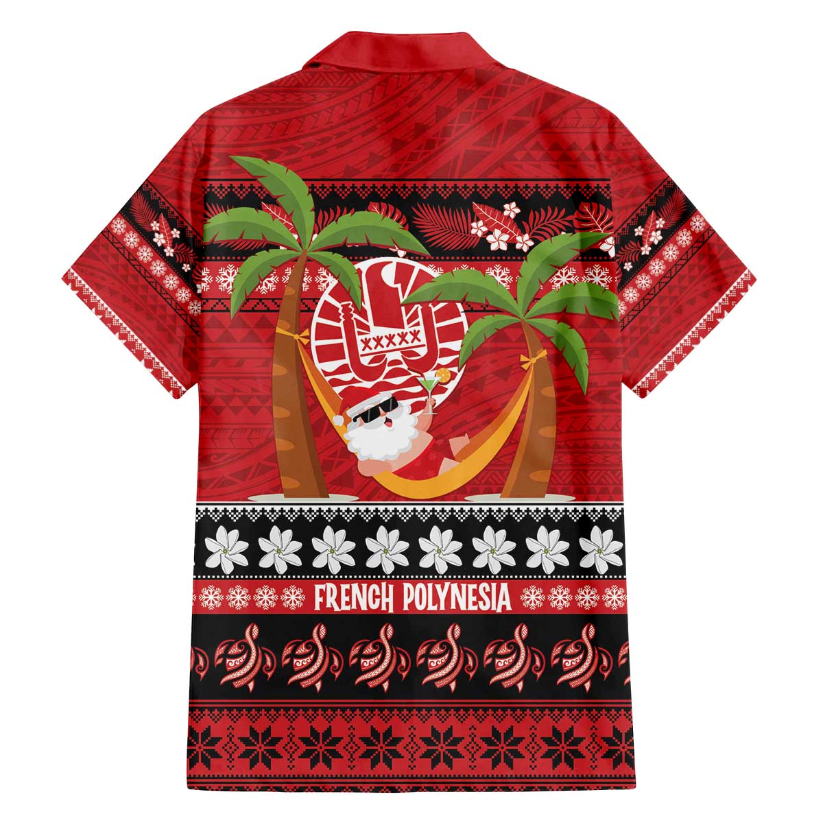 French Polynesia Christmas Family Matching Off The Shoulder Long Sleeve Dress and Hawaiian Shirt Tiare Chilling Santa Oaoa I teie Noera LT14 - Polynesian Pride