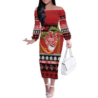 French Polynesia Christmas Family Matching Off The Shoulder Long Sleeve Dress and Hawaiian Shirt Tiare Chilling Santa Oaoa I teie Noera LT14 Mom's Dress Red - Polynesian Pride