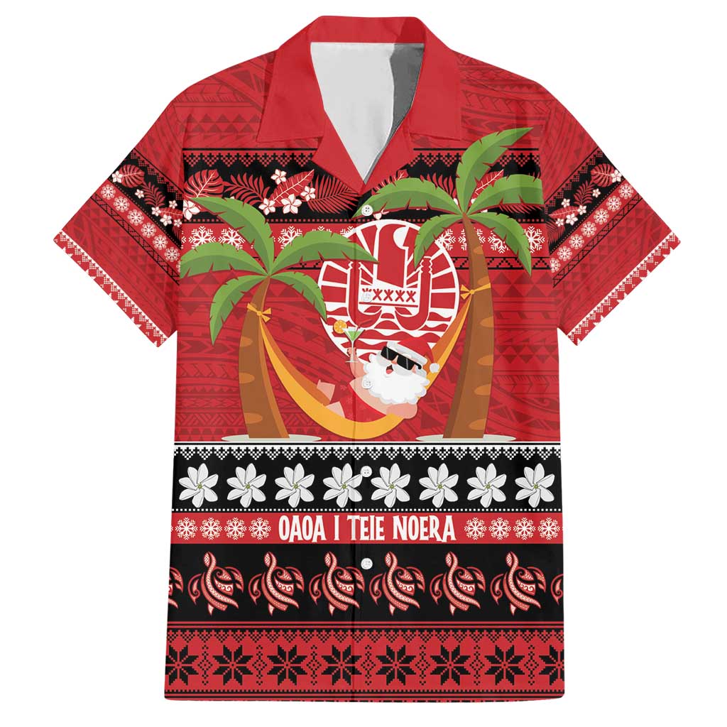 French Polynesia Christmas Family Matching Short Sleeve Bodycon Dress and Hawaiian Shirt Tiare Chilling Santa Oaoa I teie Noera LT14 Dad's Shirt - Short Sleeve Red - Polynesian Pride