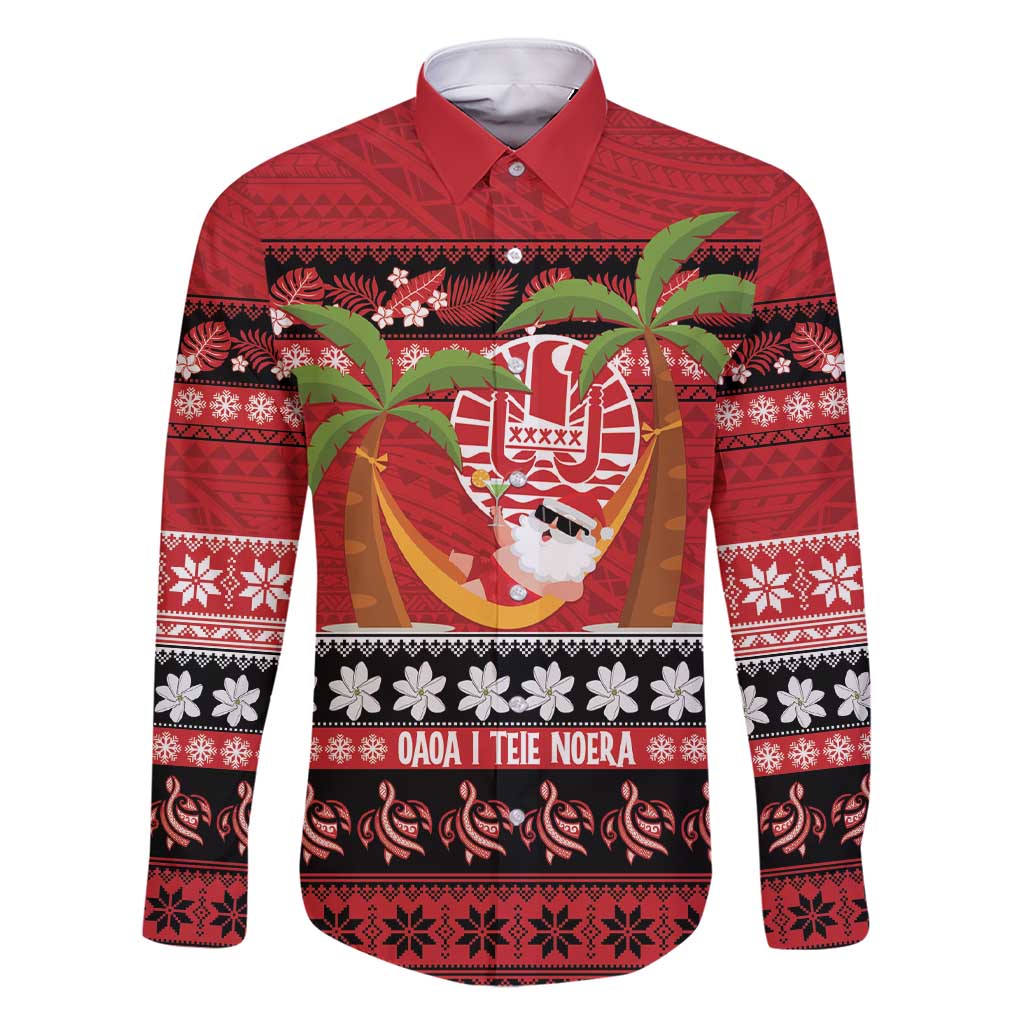 French Polynesia Christmas Family Matching Short Sleeve Bodycon Dress and Hawaiian Shirt Tiare Chilling Santa Oaoa I teie Noera LT14 Dad's Shirt - Long Sleeve Red - Polynesian Pride