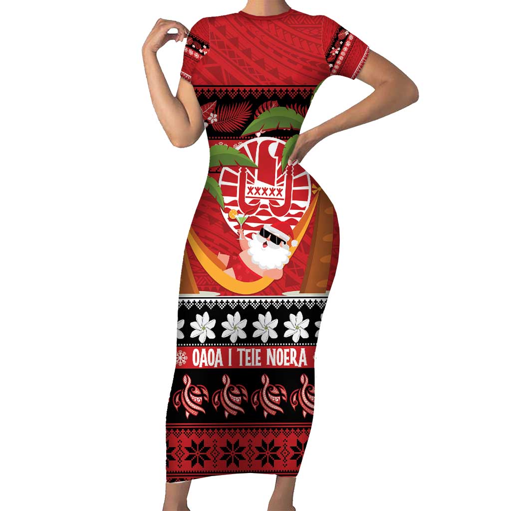 French Polynesia Christmas Family Matching Short Sleeve Bodycon Dress and Hawaiian Shirt Tiare Chilling Santa Oaoa I teie Noera LT14 Mom's Dress Red - Polynesian Pride