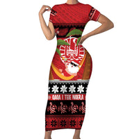 French Polynesia Christmas Family Matching Short Sleeve Bodycon Dress and Hawaiian Shirt Tiare Chilling Santa Oaoa I teie Noera LT14 Mom's Dress Red - Polynesian Pride