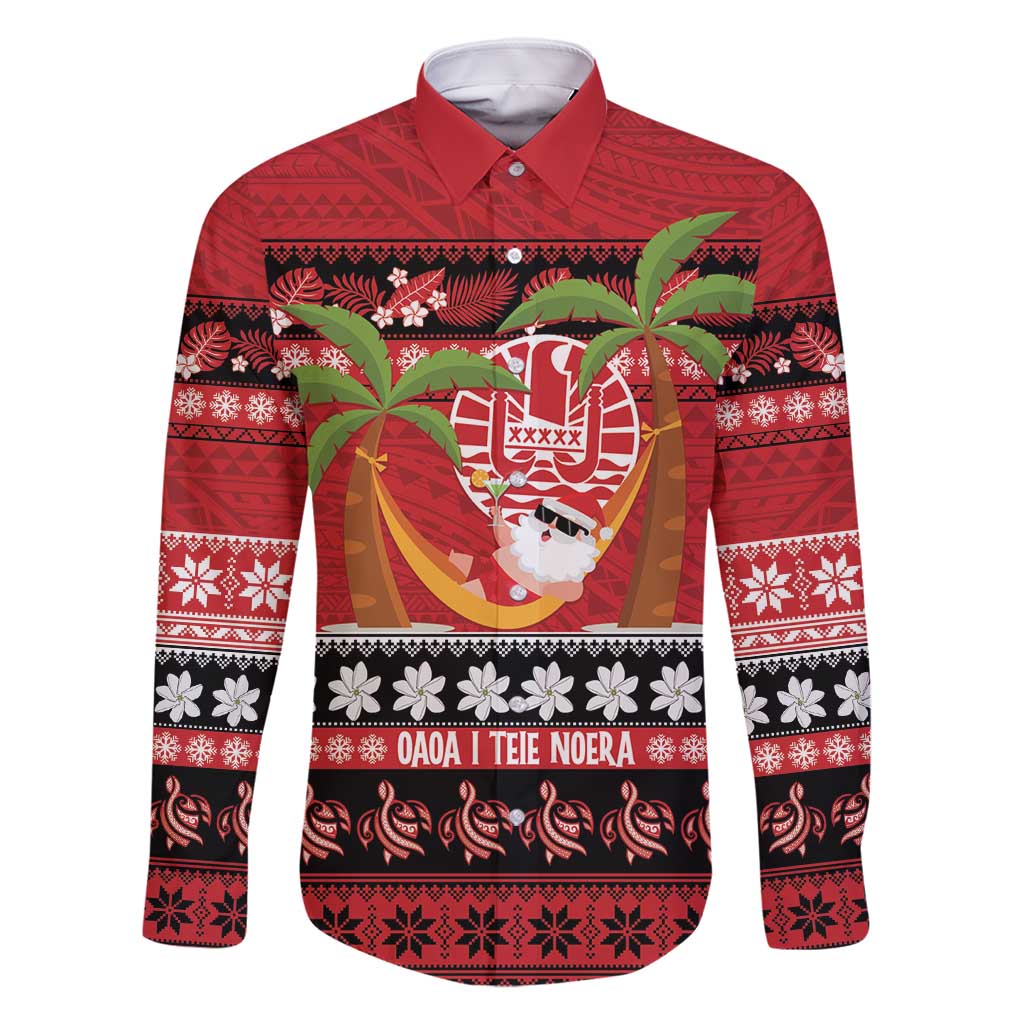 French Polynesia Christmas Family Matching Summer Maxi Dress and Hawaiian Shirt Tiare Chilling Santa Oaoa I teie Noera LT14 Dad's Shirt - Long Sleeve Red - Polynesian Pride