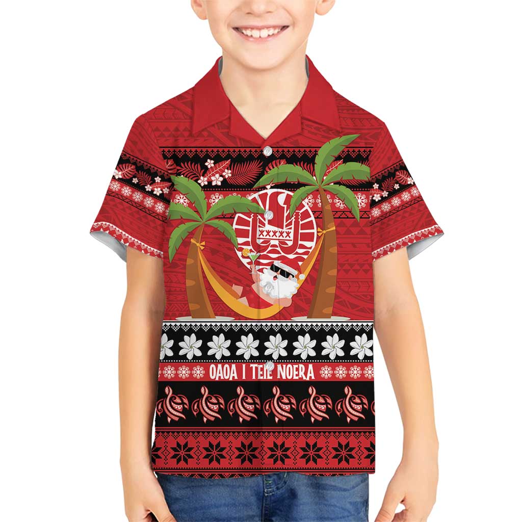 French Polynesia Christmas Family Matching Tank Maxi Dress and Hawaiian Shirt Tiare Chilling Santa Oaoa I teie Noera LT14 Son's Shirt Red - Polynesian Pride