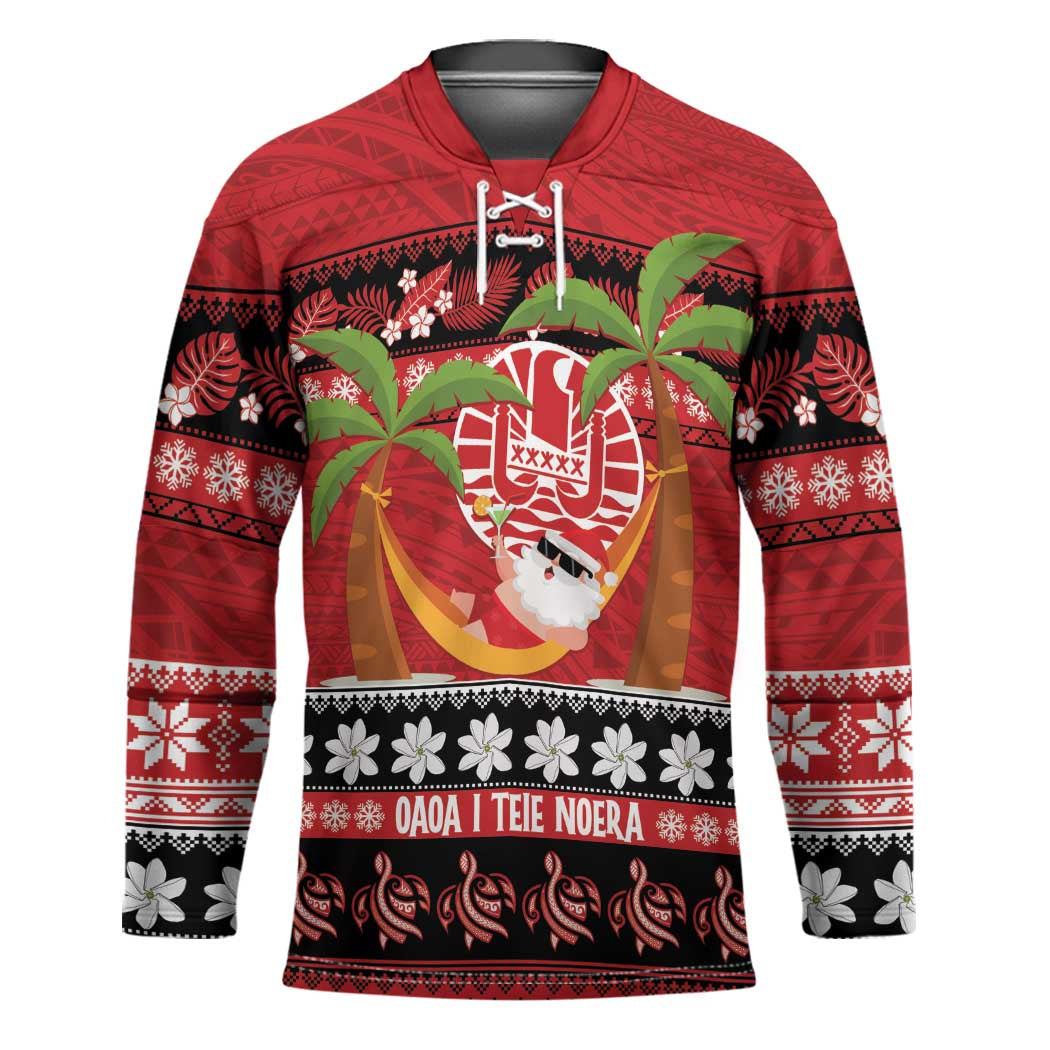 French Polynesia Christmas Hockey Jersey Tiare Chilling Santa Oaoa I teie Noera - Polynesian Pride