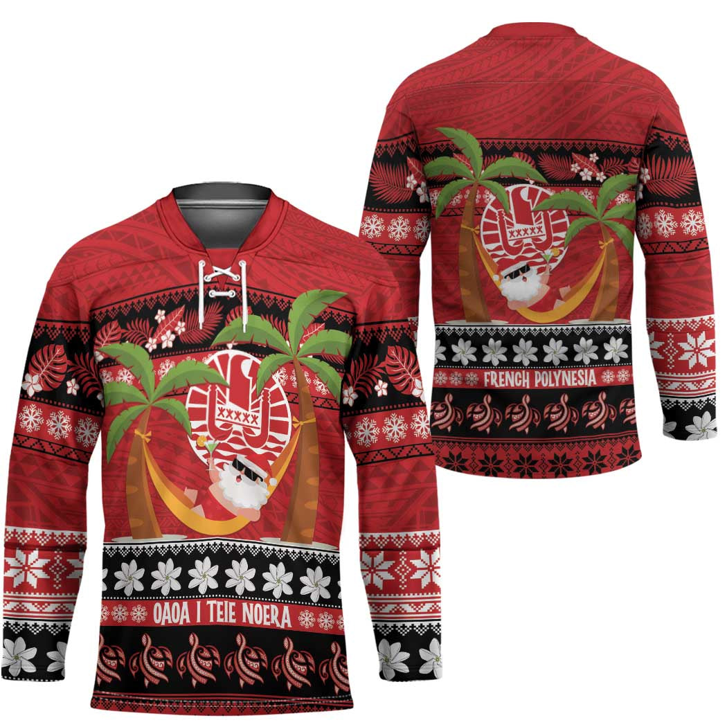 French Polynesia Christmas Hockey Jersey Tiare Chilling Santa Oaoa I teie Noera - Polynesian Pride