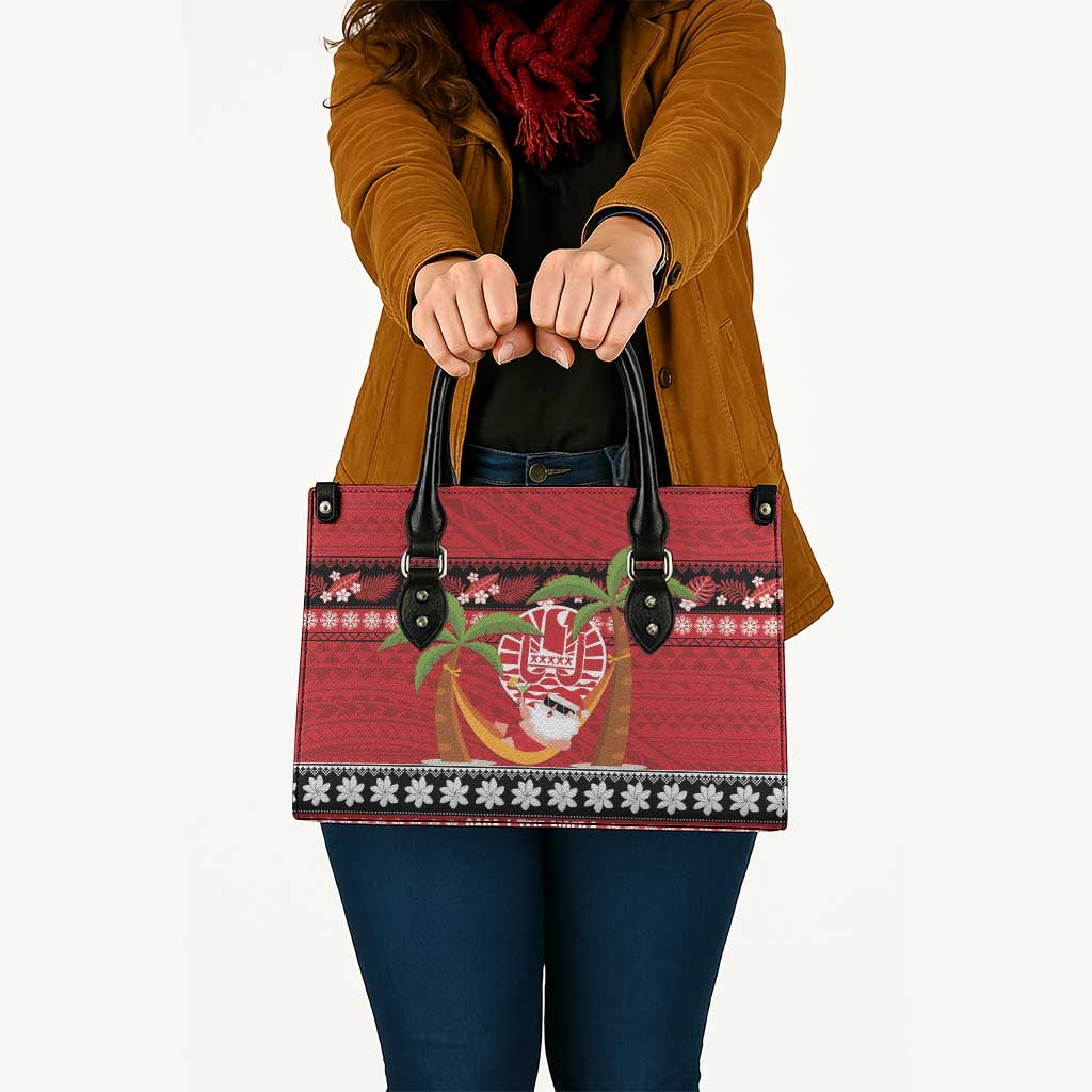 French Polynesia Christmas Leather Bag Tiare Chilling Santa Oaoa I teie Noera - Polynesian Pride