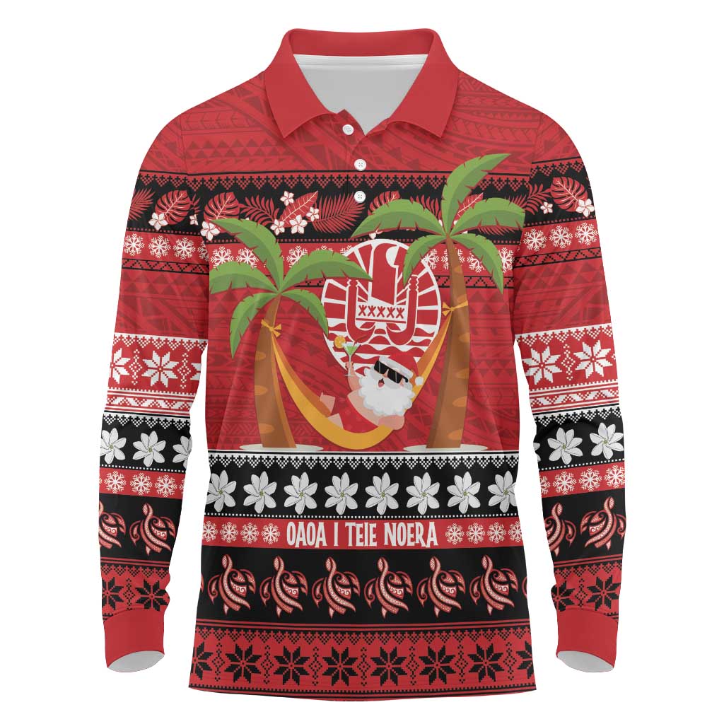 French Polynesia Christmas Long Sleeve Polo Shirt Tiare Chilling Santa Oaoa I teie Noera LT14 Red - Polynesian Pride