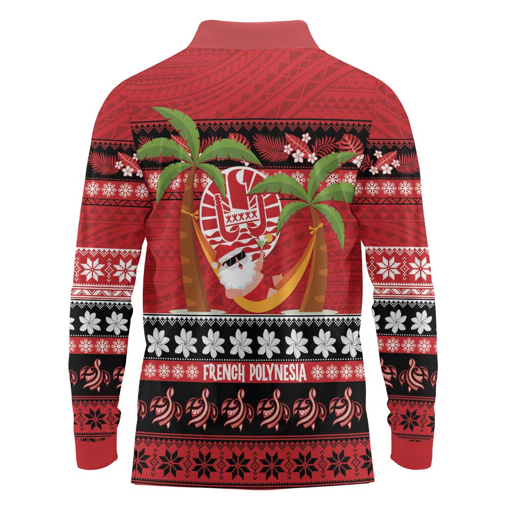 French Polynesia Christmas Long Sleeve Polo Shirt Tiare Chilling Santa Oaoa I teie Noera LT14 - Polynesian Pride