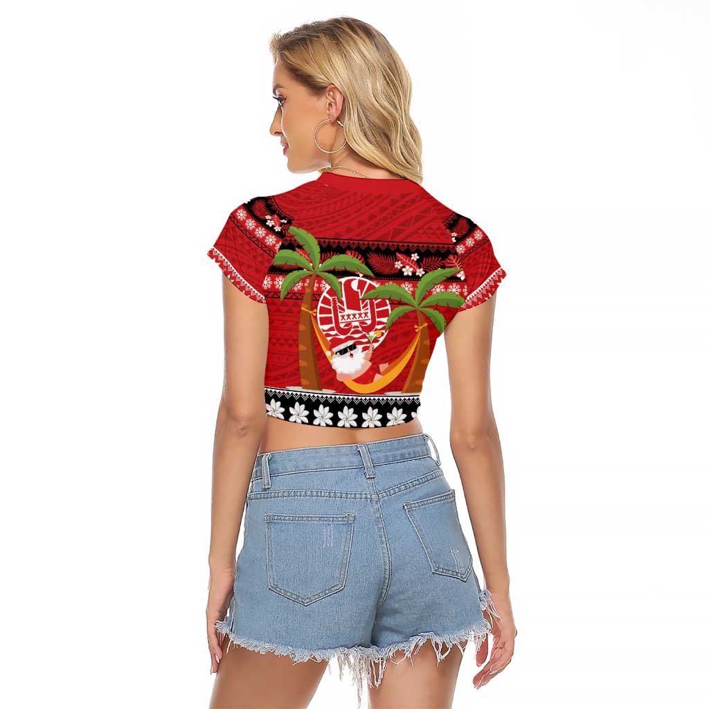 French Polynesia Christmas Raglan Cropped T Shirt Tiare Chilling Santa Oaoa I teie Noera - Polynesian Pride