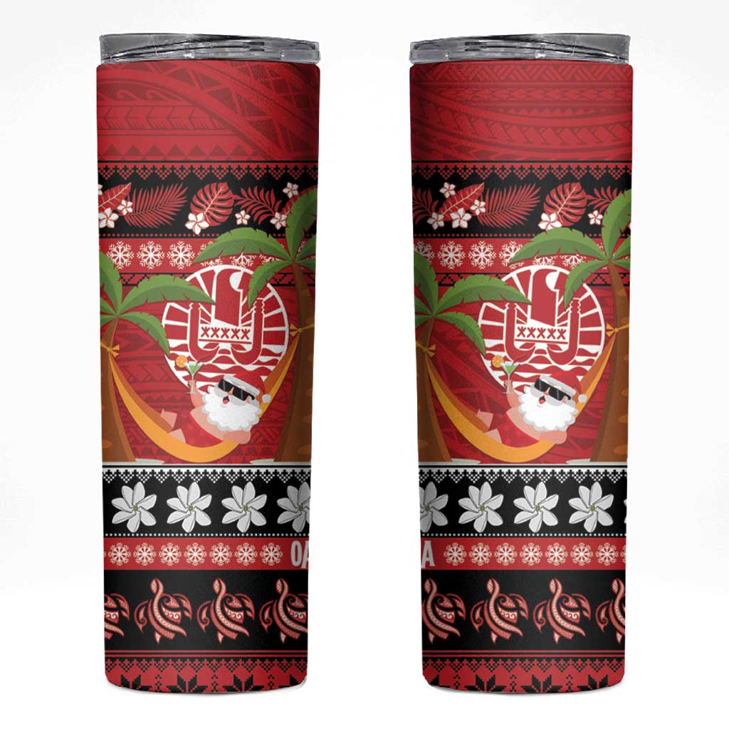 French Polynesia Christmas Skinny Tumbler Tiare Chilling Santa Oaoa I teie Noera LT14 Red - Polynesian Pride