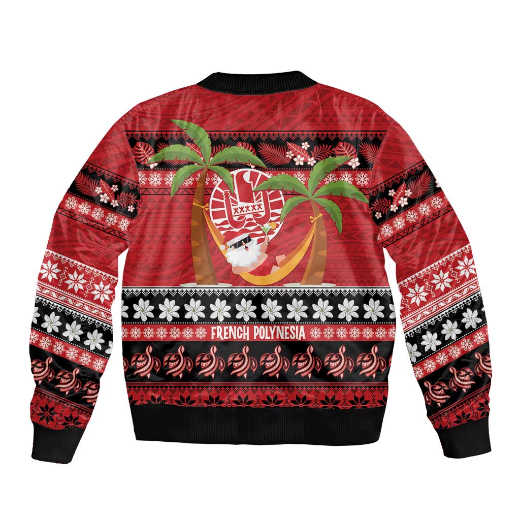 French Polynesia Christmas Sleeve Zip Bomber Jacket Tiare Chilling Santa Oaoa I teie Noera - Polynesian Pride