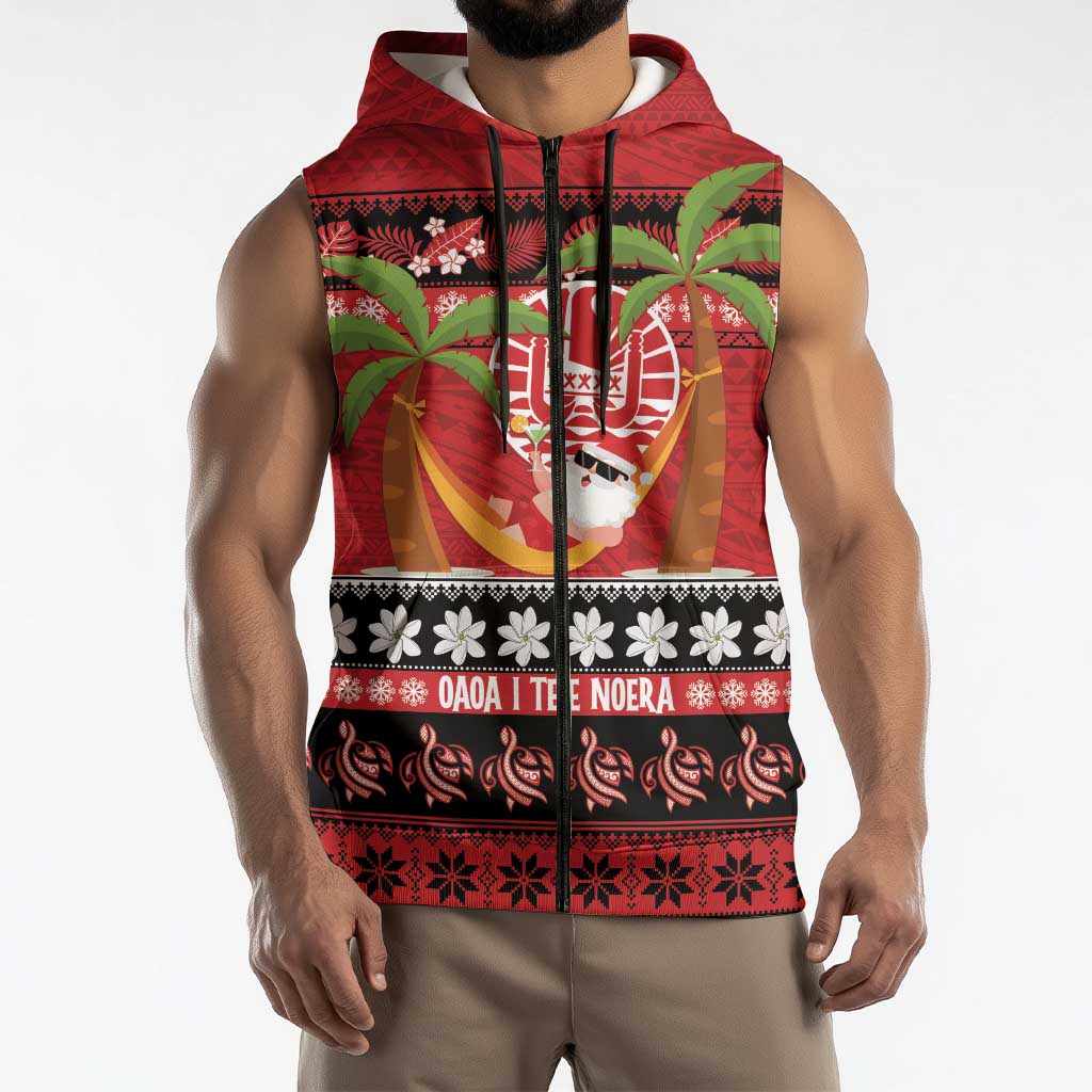 French Polynesia Christmas Sleeveless Zip Hoodie Tiare Chilling Santa Oaoa I teie Noera LT14 - Polynesian Pride