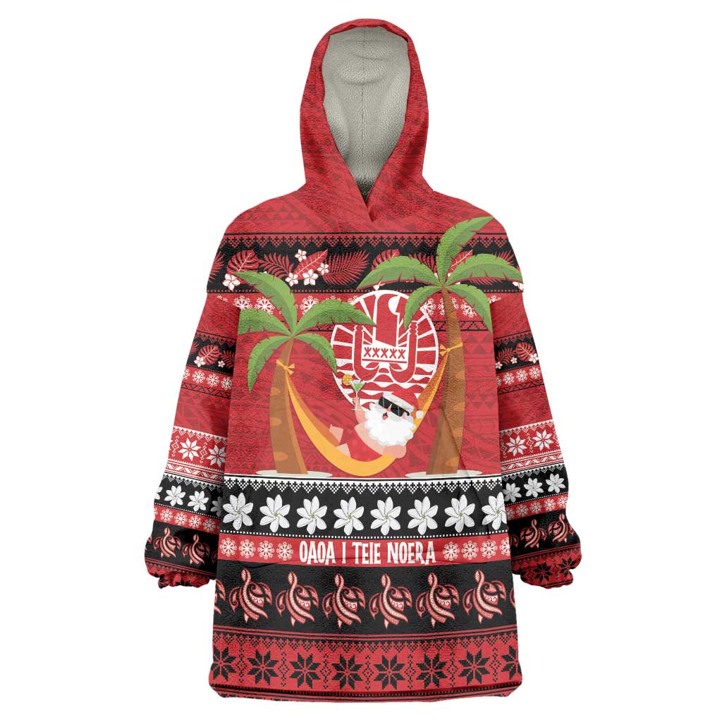 French Polynesia Christmas Wearable Blanket Hoodie Tiare Chilling Santa Oaoa I teie Noera LT14 One Size Red - Polynesian Pride