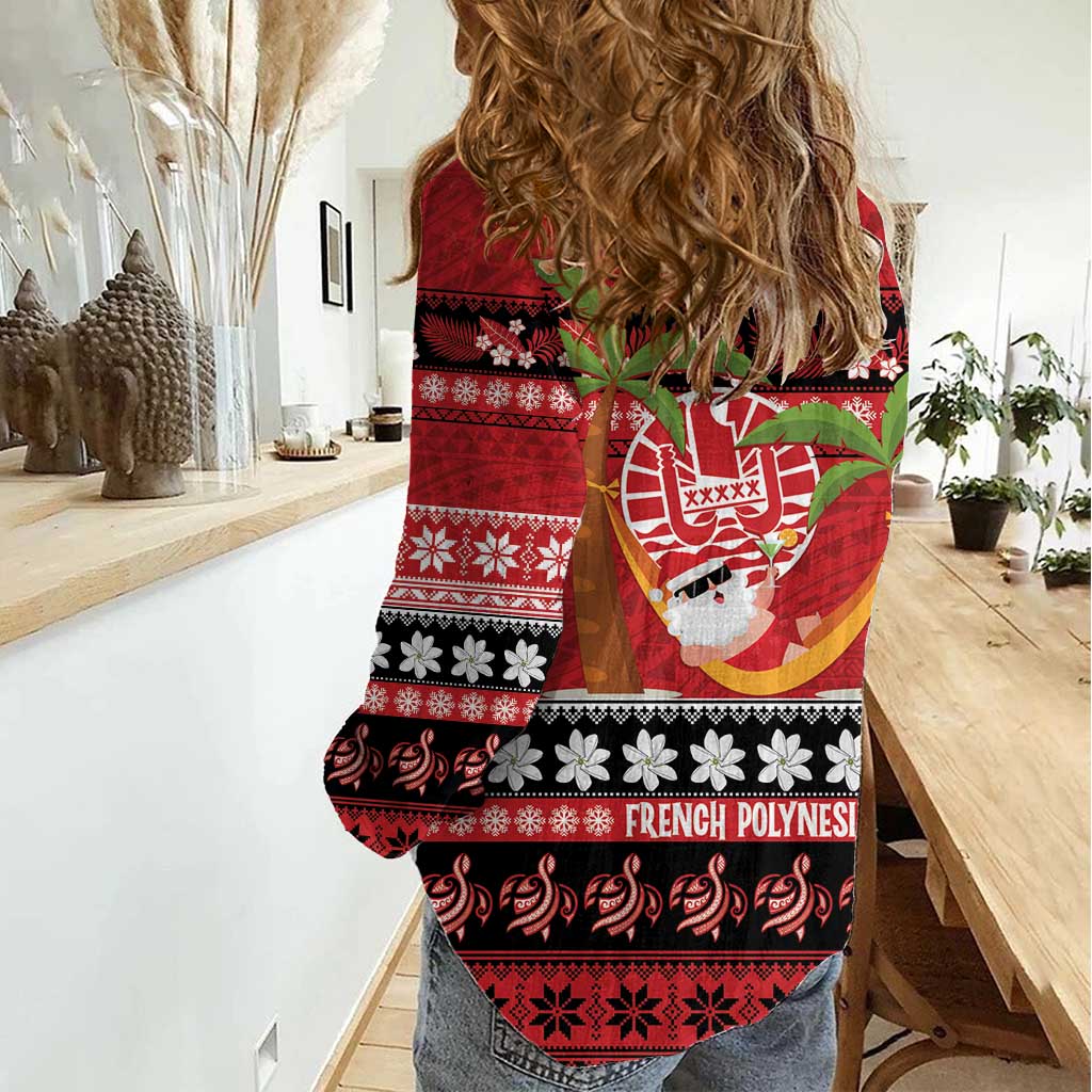 French Polynesia Christmas Women Casual Shirt Tiare Chilling Santa Oaoa I teie Noera LT14 - Polynesian Pride