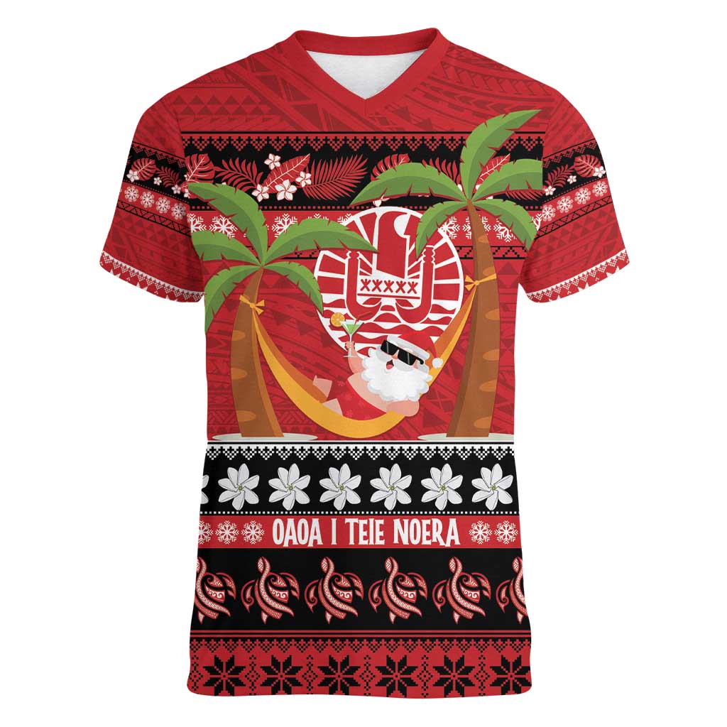 French Polynesia Christmas Women V-Neck T-Shirt Tiare Chilling Santa Oaoa I teie Noera LT14 Female Red - Polynesian Pride