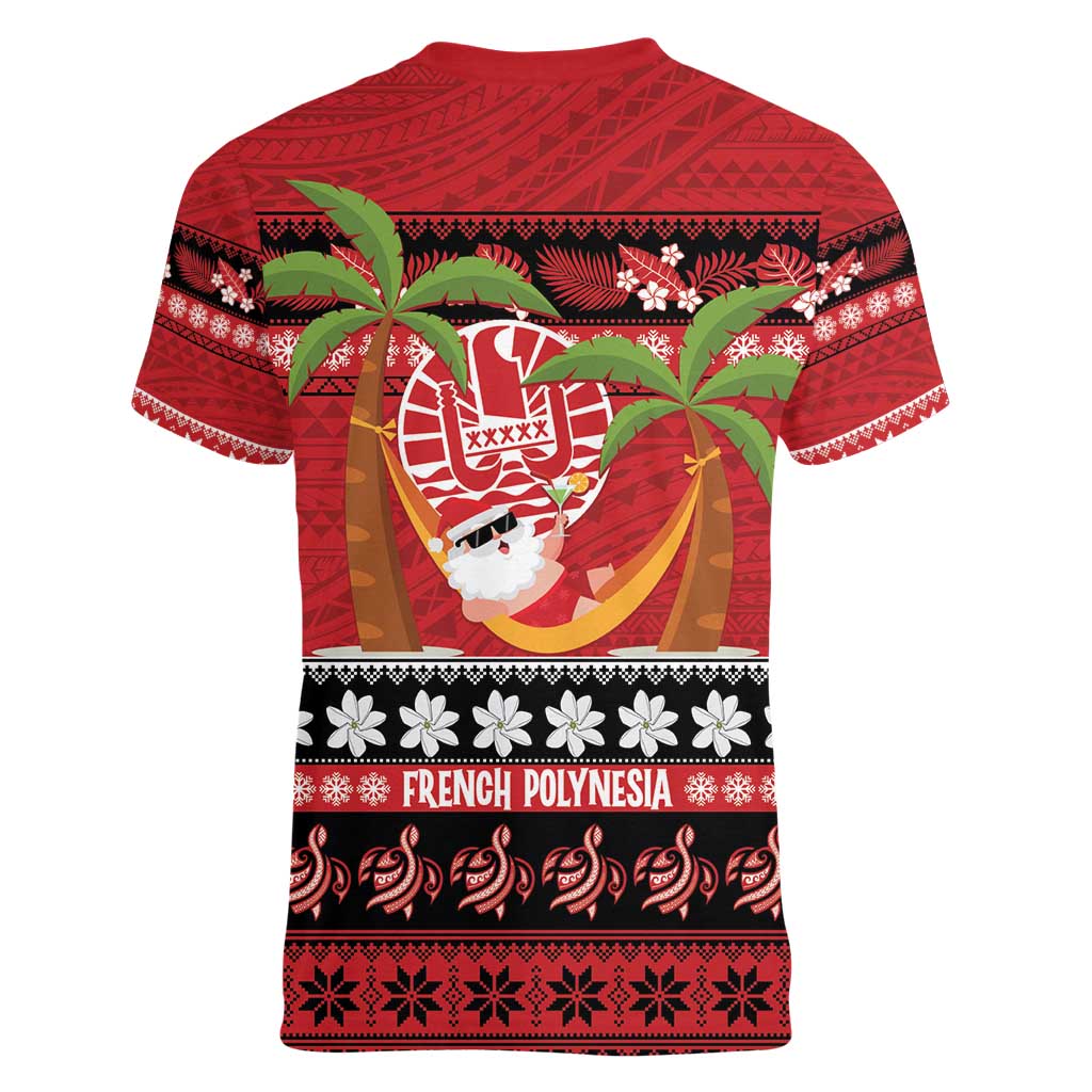 French Polynesia Christmas Women V-Neck T-Shirt Tiare Chilling Santa Oaoa I teie Noera LT14 - Polynesian Pride