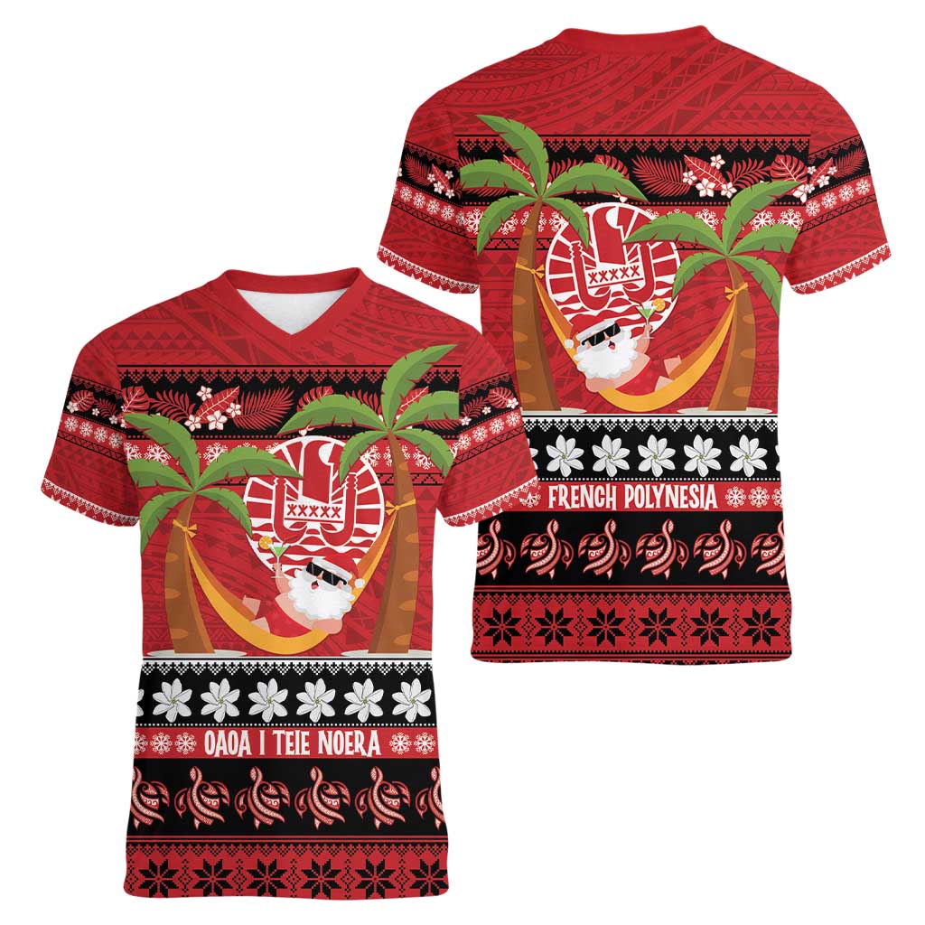 French Polynesia Christmas Women V-Neck T-Shirt Tiare Chilling Santa Oaoa I teie Noera LT14 - Polynesian Pride