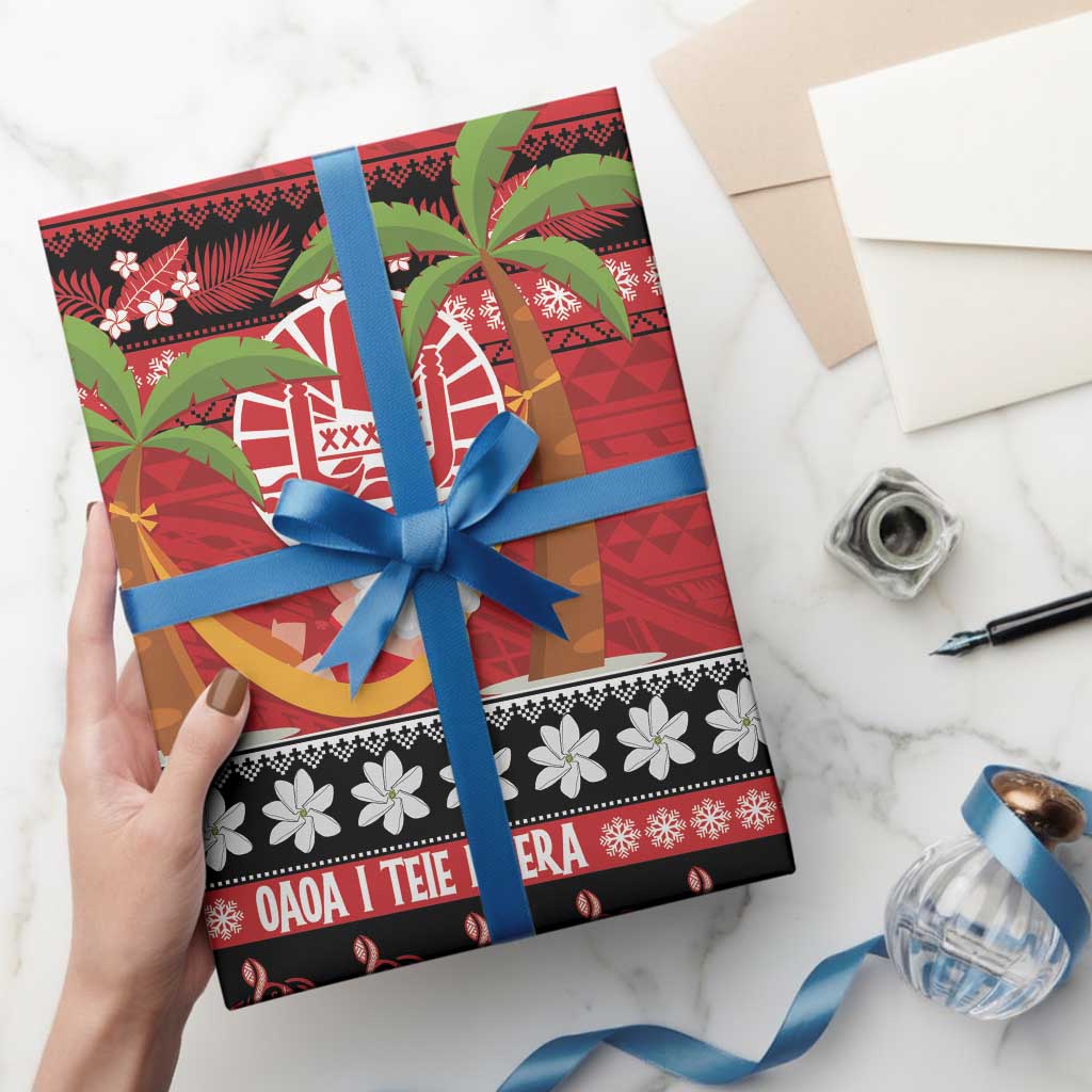 French Polynesia Christmas Wrapping Paper Tiare Chilling Santa Oaoa I teie Noera - Polynesian Pride