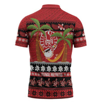 French Polynesia Christmas Zipper Polo Shirt Tiare Chilling Santa Oaoa I teie Noera LT14 - Polynesian Pride
