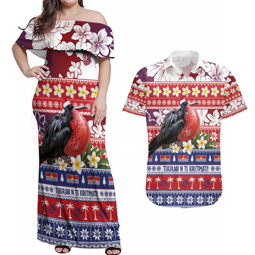 Kiribati Christmas Couples Matching Off Shoulder Maxi Dress and Hawaiian Shirt Frigatebird Santa Tekeraoi n te Kiritimati LT14 Red - Polynesian Pride