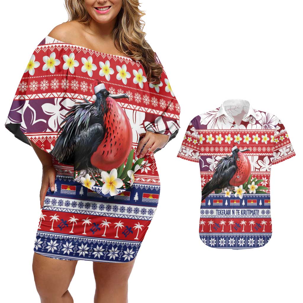 Kiribati Christmas Couples Matching Off Shoulder Short Dress and Hawaiian Shirt Frigatebird Santa Tekeraoi n te Kiritimati LT14 Red - Polynesian Pride