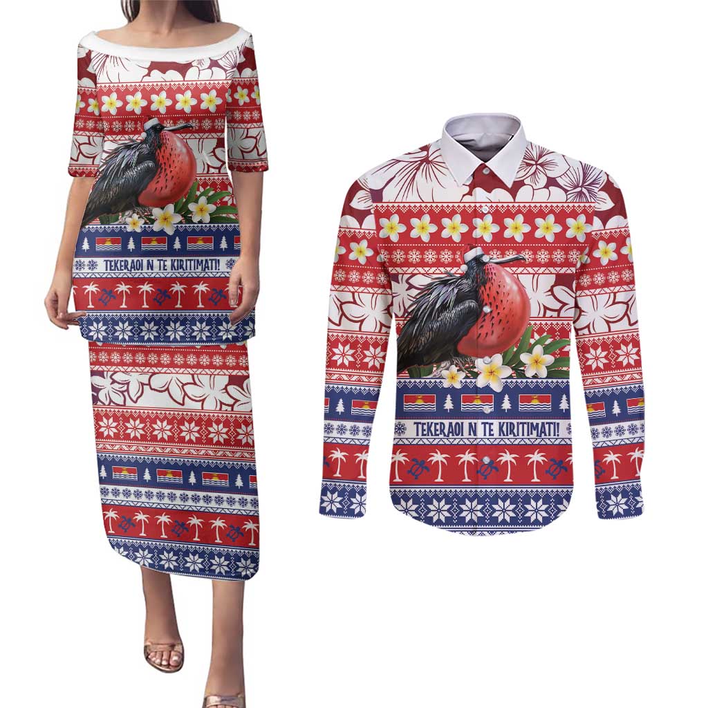 Kiribati Christmas Couples Matching Puletasi and Long Sleeve Button Shirt Frigatebird Santa Tekeraoi n te Kiritimati LT14 Red - Polynesian Pride