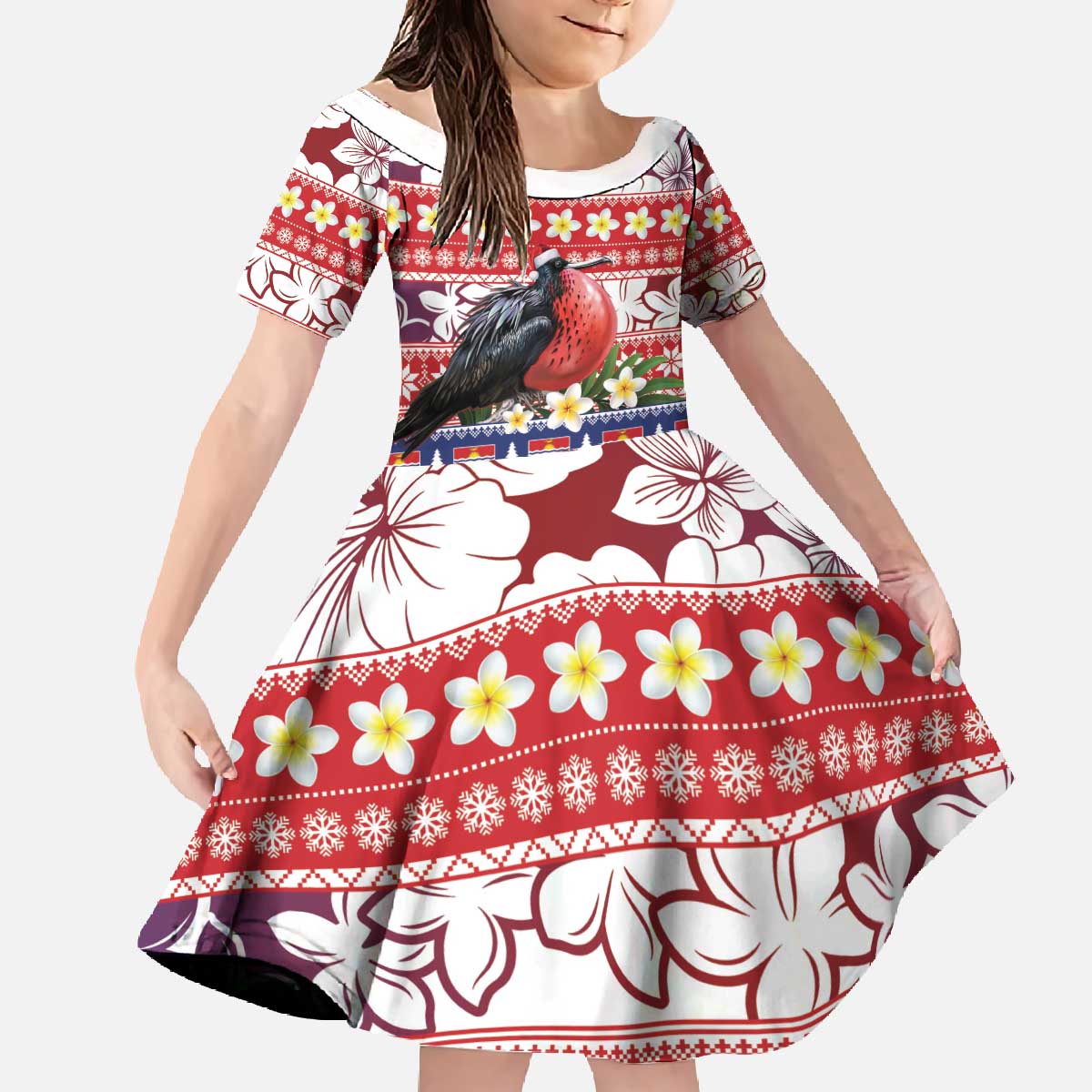 Kiribati Christmas Family Matching Off The Shoulder Long Sleeve Dress and Hawaiian Shirt Frigatebird Santa Tekeraoi n te Kiritimati LT14 Daughter's Dress Red - Polynesian Pride